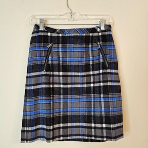 NWT Women's Talbots Petite Plaid Wool Blend Skirt Blue Black Gray White Size 0P